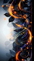 Mystical dark floral composition with glowing orange light trails, navy leaves, and luminous spheres against gradient background, creating magical atmosphere.