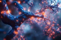 Neural connections with glowing orange and blue energy particles flowing through branching pathways, representing artificial intelligence, data transmission, and digital communication networks.