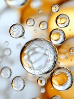 Macro photography of water drops and bubbles with orange and white background creating abstract artistic composition with light refraction and transparency effects.