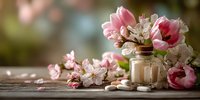 Spring flowers arrangement with pink tulips and cherry blossoms in glass jar on wooden surface for romantic decor and seasonal celebrations.