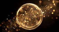 Golden glowing sphere with sparkling particles and bokeh lights on dark background for luxury design projects and festive celebrations.