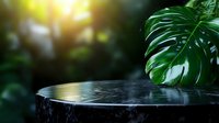 Black marble podium with tropical monstera leaf in sunlit garden setting for luxury product display and natural branding presentations.