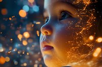 Close up portrait with glowing magical particles and bokeh lights creating ethereal atmosphere, illuminated by warm orange and blue tones against dark background.