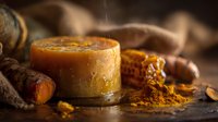 Fresh turmeric root with golden powder on rustic wooden surface, natural spice ingredient for cooking, health and wellness applications.