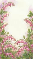 Watercolor bleeding heart flowers framing a soft cream background, pink blooms and green leaves creating an elegant botanical border for cards.