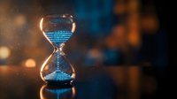Hourglass with glowing blue sand flowing through glass bulbs on reflective surface with warm bokeh lights creating atmospheric time concept for business presentations.