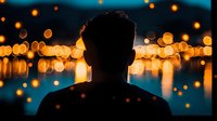 Silhouette of a man gazing at a cityscape at dusk, with warm golden bokeh lights reflecting on water and cool blue sky creating a contemplative urban atmosphere.
