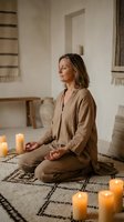 Middle-aged woman of Caucasian ethnicity meditating in lotus position surrounded by lit candles in minimalist interior space for wellness and mindfulness practices.