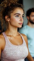 Young mixed race woman with curly hair in pink athletic tank top looking away thoughtfully during fitness class or workout session.