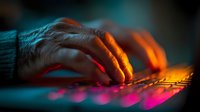 Senior professional hands typing on illuminated keyboard with vibrant neon lighting effects creating dynamic workspace atmosphere for technology concepts.