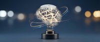 Glowing brain lightbulb with golden orbits on dark background with bokeh lights. Creative thinking, innovation, intelligence and bright ideas concept.