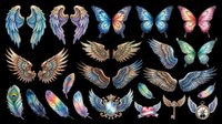 Colorful wings, butterflies, feathers, and emblems clipart set isolated on transparent background, ready for t-shirt design, stickers, and print on demand.