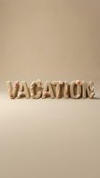 Word VACATION made of sand and seashells on beige background, summer holiday concept for travel banners, cards, and social media.