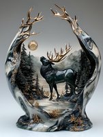 Mystical forest scene with majestic moose silhouetted against full moon, painted on curved ceramic sculpture with antler-shaped frame and metallic accents.