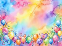 Watercolor celebration background with colorful balloons, confetti, and festive decorations on gradient pastel sky. Suitable for party invitations, greeting cards, and event designs.