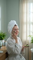 Young woman in bathrobe applying cucumber face mask at home spa bathroom for natural skincare routine and wellness relaxation.