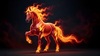 Majestic fire horse with blazing mane and tail rearing up against dark background. Fantasy creature with glowing flames for digital art and gaming projects.
