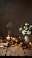 Meditation altar with singing bowls, candles, incense smoke and white flowers on rustic wooden table creating peaceful spiritual atmosphere for wellness.