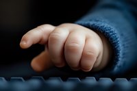 Close-up of small baby hand reaching for computer keyboard in dark room with blue sleeve, showing curiosity and early childhood development in digital age.