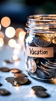 Glass jar filled with coins labeled vacation against blurred bokeh lights, symbolizing savings goals and financial planning for travel dreams.