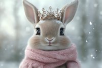 Adorable bunny wearing silver crown and pink knitted scarf against winter snowy background, close up portrait with soft bokeh lights and magical atmosphere.