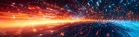 Abstract light trails and particles bursting in orange and blue colors creating dynamic motion effect against dark background, glowing energy streaks in space.