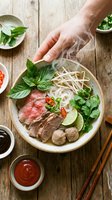 Male hand reaching toward steaming bowl of Vietnamese pho with rare beef, rice noodles, fresh basil, cilantro, lime and meatballs on rustic wooden table with chopsticks and condiments.