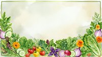 Assorted fresh vegetables arranged as border frame with lettuce, tomatoes, peppers, onions and herbs on cream background, suitable for recipe cards and food design.