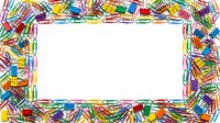 Colorful scattered office supplies and stationery items forming a vibrant border frame on white background, isolated and ready for design use on posters, flyers, educational materials.