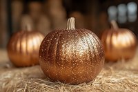 Copper glitter pumpkin decoration on rustic straw with blurred autumn gourds in background for seasonal holiday decor and fall celebration themes.