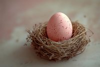 Single speckled pink egg resting in delicate twigs nest against soft blurred background, creating gentle Easter or spring nature composition.