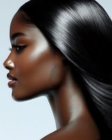 Side profile portrait of young African American woman with glossy black straight hair, flawless glowing skin, and natural makeup against light background.