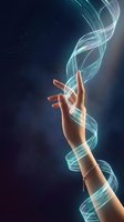 Female hand with glowing digital energy waves and circuit patterns flowing upward, representing technology, innovation, and digital transformation for futuristic concepts.