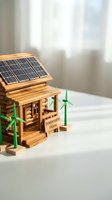 Miniature wooden house model with solar panels and wind turbines showcasing sustainable home concept for eco-friendly architecture and renewable energy solutions.