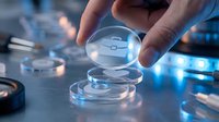 Hand holding contact lens with tweezers in modern eye care laboratory with blue lighting and optical equipment for vision correction procedures.