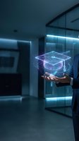 Businessman holding holographic graduation cap in modern office representing digital education technology and online learning innovation.