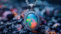 Luminous opal pendant with crystal halo on silver chain against dreamy bokeh background showcases iridescent rainbow colors and luxury jewelry craftsmanship.