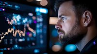 Caucasian businessman with beard analyzing financial data on digital screens with stock market charts and graphs in dark office environment.