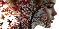 Young woman profile silhouette with autumn tree double exposure featuring red maple leaves and flying birds creating artistic nature portrait composition.