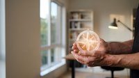 Mature man with medium skin tone holding glowing geometric sphere in modern home interior, symbolizing innovation, energy, and sustainable technology solutions for business and design projects.