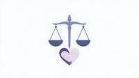 Stylized scales of justice symbol with heart shape below, rendered in soft purple and pink tones on white background, representing law and compassion.