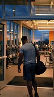 Athletic man entering modern fitness center at evening carrying gym bag ready for workout session.