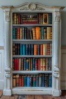 Vintage white wooden bookshelf with ornate carved details filled with colorful antique books arranged on multiple shelves against gray wall on wooden floor.