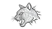 Fierce wildcat head with bared fangs and intense expression in black line art style. Aggressive feline portrait perfect for tattoo designs and apparel graphics.