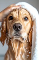 Adorable wet Golden Retriever wrapped in white towel after bath, water drops on nose and fur, close-up portrait showing expressive blue eyes and soft facial features.