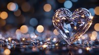 Crystal heart glowing with warm bokeh lights on reflective surface, romantic sparkles and magical illumination create dreamy atmosphere for Valentine's day.