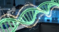 Glowing green DNA double helix structure with sparkling particles in modern laboratory setting for genetic research and biotechnology applications.