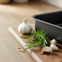 Fresh garlic bulb and cloves with rosemary herbs on wooden cutting board next to black pan for cooking preparation and culinary ingredient styling.