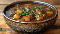 Rich beef stew with tender meat chunks and golden potatoes in brown ceramic bowl, garnished with fresh herbs, served on wooden table in natural light.