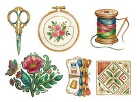 Vintage embroidery and sewing supplies collection with ornate scissors, floral hoop design, thread spool, decorative motifs and colorful floss bundle.